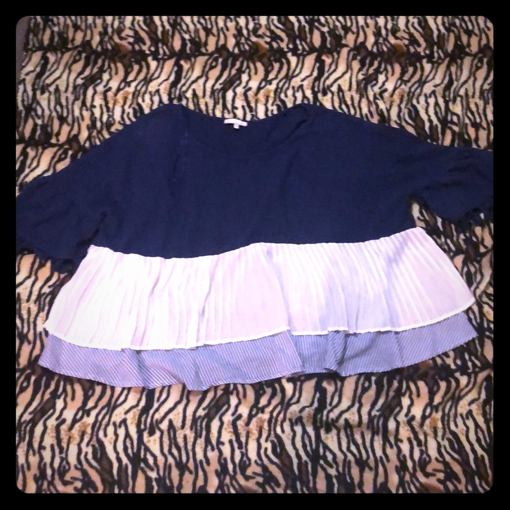 White and Blue Blouse with ruffles and Pom-poms